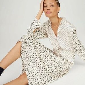 CLUB MONACO Cream Patterned Satin Midi Shirt Dress Sz 8 (NWOT)